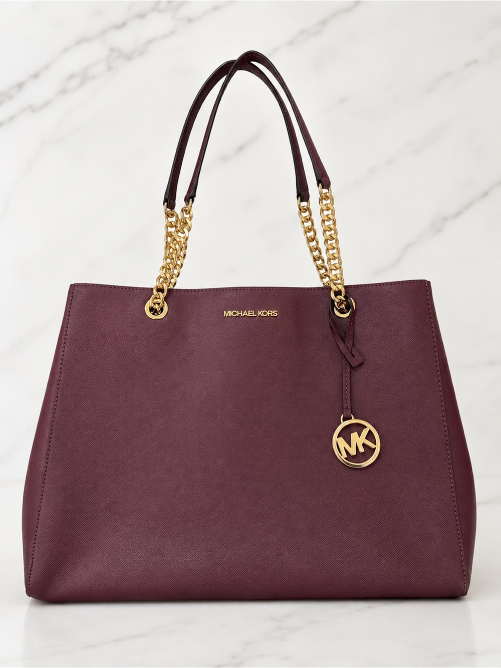 Michael Kors Plum Susannah Leather Tote with Gold Chain Handles